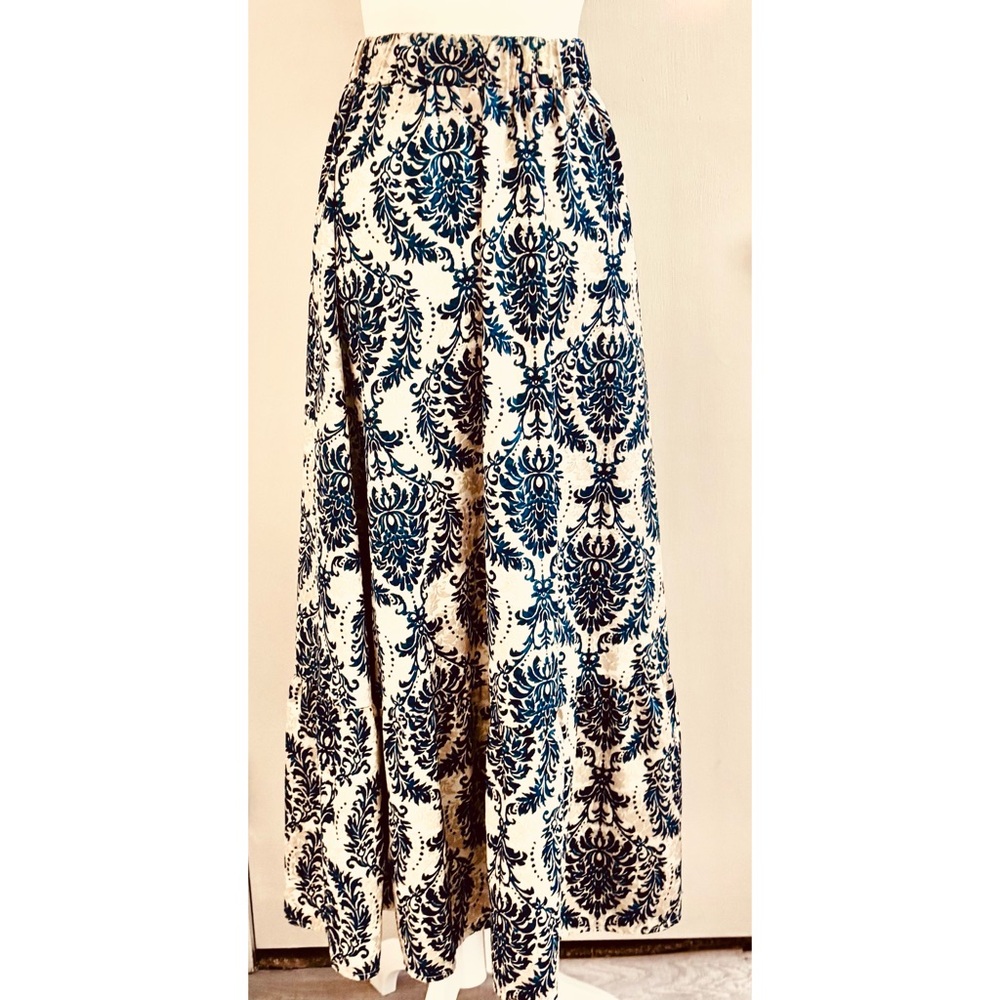 Navy Blue Floral and Cream Boho Maxi Skirt Elastic Waistband -Emery Rose- Medium